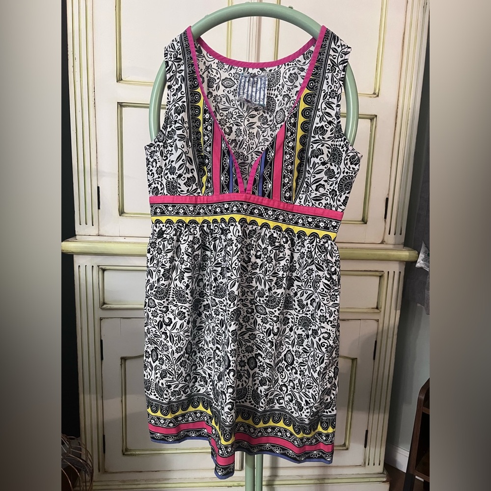 Free People Black and White Graphic Shift Dress with Pink and Yellow Accents